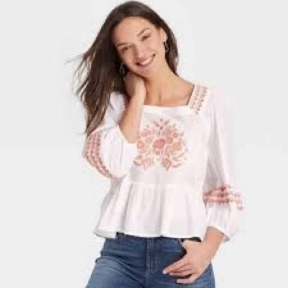 Universal Thread Tops - Universal Thread 100% cotton embroidered peplum top white & coral size XS